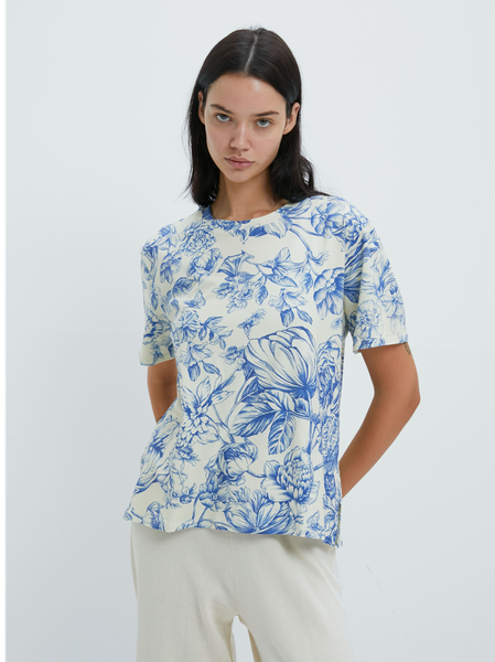 

Casual Floral Crew Neck Short Sleeve T-shirt, Blue, T-shirts
