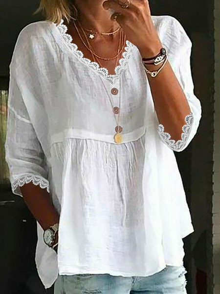 

Plain V Neck Casual Linen Style Shirt, White, Blouses & Shirts