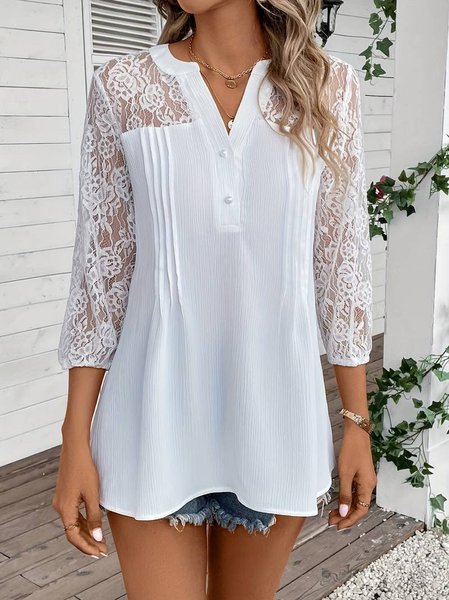 

V Neck Casual Plain Lace Shirt, White, Shirts & Blouses