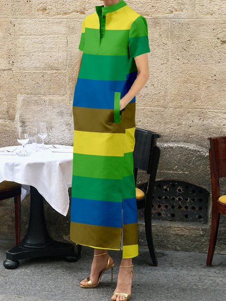

Striped Stand Collar Urban Short Sleeve Maxi Dress, Green, Maxi Dresses