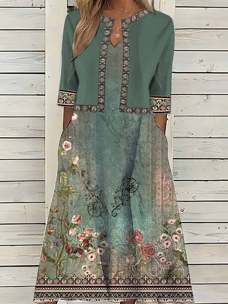 

Women Ethnic Short Sleeve Comfy Casual Coat With Skirt Two-Piece Set, Green, Sets