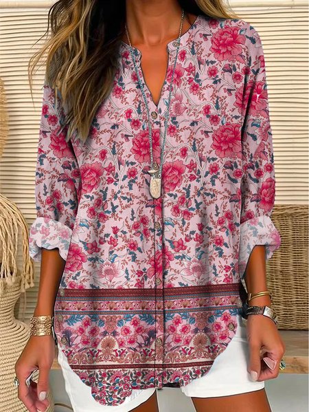 

Notched Long Sleeve Floral Regular Loose Blouse For Women, Pink, Shirts