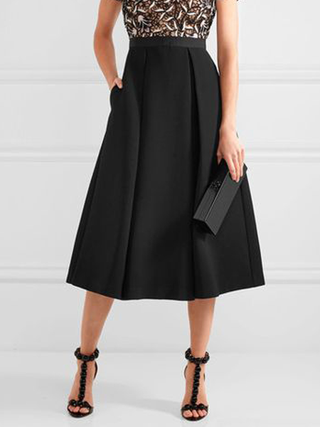 

Plain Loose Elegant Midi Skirt, Black, Skirts