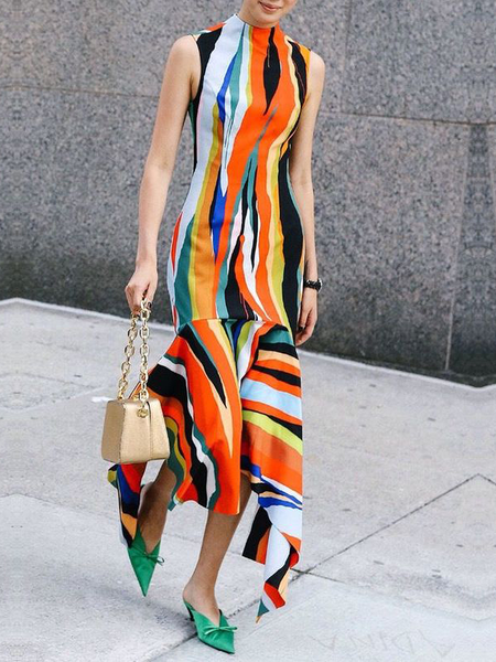 

Medium Elasticity Regular Fit Elegant Stand Collar Sleeveless Geometric Maxi Dress, As picture, Maxi Dresses
