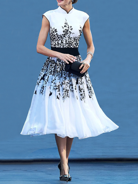 

Elegant Regular Fit Stand Collar Cap Sleeve Midi Dress, White, Midi Dresses