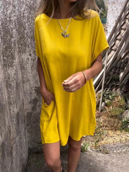 

Linen Loose Crew Neck Batwing Sleeve Dress, Yellow, Dresses