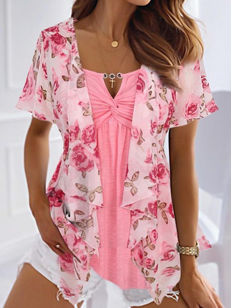 

Floral Jersey Casual Regular Fit Two-Piece Set, Pink, Suit Set