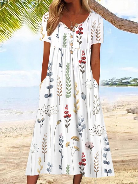 

Women Floral Half Open Collar Short Sleeve Comfy Casual Maxi Dress, White, Midi