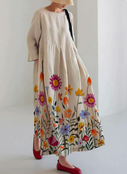 

Floral Crew Neck Casual Dress, Khaki, Maxi Dresses