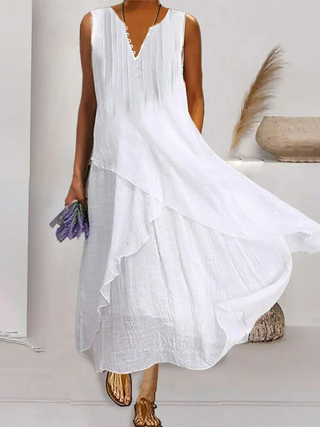 

Swing Dress Maxi long Dress Cotton Blend Basic Elegant Outdoor Daily V Neck Button Pocket Sleeveless dresses, White, Maxi Dresses