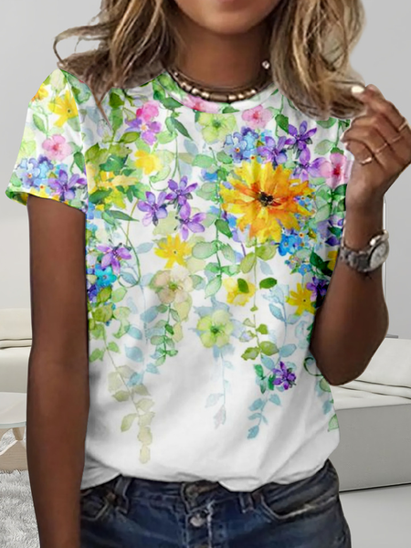 

Regular Fit Casual Crew Neck Floral T-Shirt, White, T-shirts