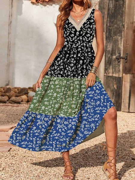 

Women Floral V Neck Sleeveless Comfy Casual Maxi Dress, Black, Maxi