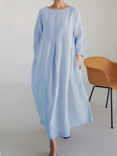 

Casual Cotton Plain Loose Linen Style Dress, Blue, Maxi Dresses