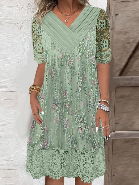 

Casual V Neck Loose Lace Edge Dress, Green, Dresses