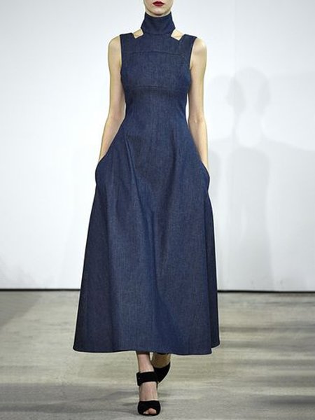 

Urban Plain Turtleneck Regular Fit Denim Maxi Dress, Denim blue, Maxi Dresses