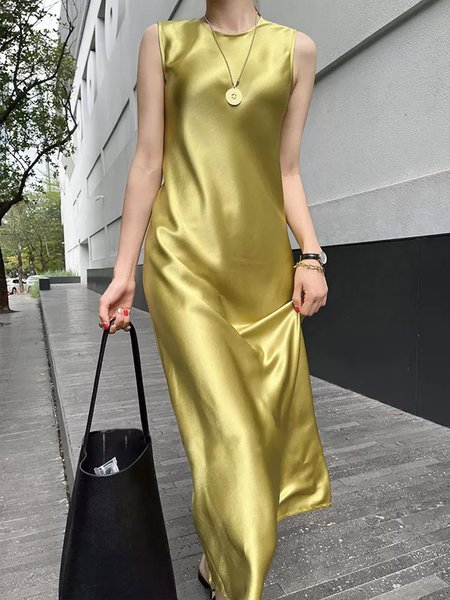 

Daily Crew Neck Regular Fit Satin Urban Dress, Yellow, Maxi Dresses