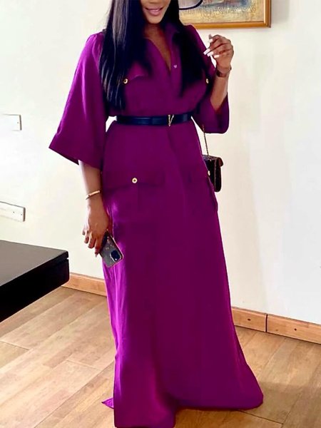 

Stand Collar Elegant Loose Plain Maxi Dress, As picture, Maxi Dresses