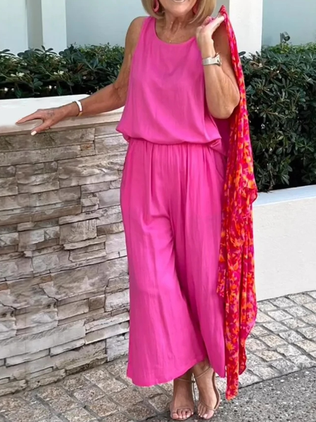

Plain Loose Casual Crew Neck Two-Piece Set, Rose red, Suit Set