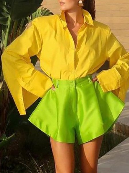 

Casual Loose Shirt Collar Buckle Blouse, Yellow, Blouses and Shirts
