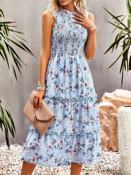 

Women Floral Stand Collar Sleeveless Comfy Casual Midi Dress, Blue, Midi