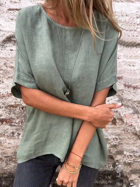 

Linen Crew Neck Plain Loose Shirt, Green, Shirts & Blouses
