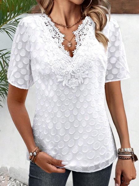 

Casual Loose Notched Lace Shirt, White, Shirts & Blouses