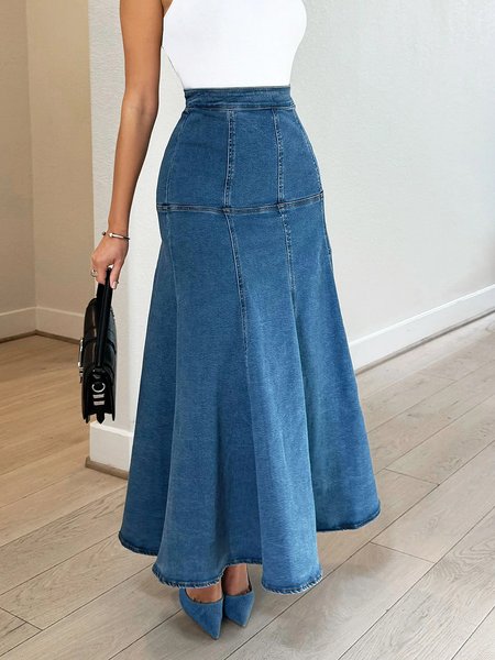 

Regular Fit Casual Plain Denim Midi Skirt, Denim blue, Denim Skirts