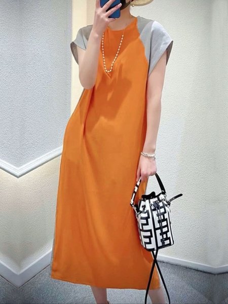 

Color Block Daily Casual Crew Neck Short Sleeve Dress, Orange, Midi Dresses