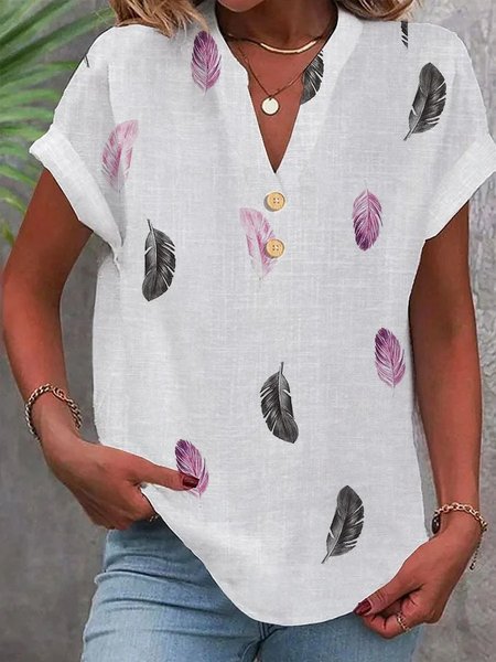 

V Neck Casual Feather Pattern Loose Shirt, White, Shirts & Blouses