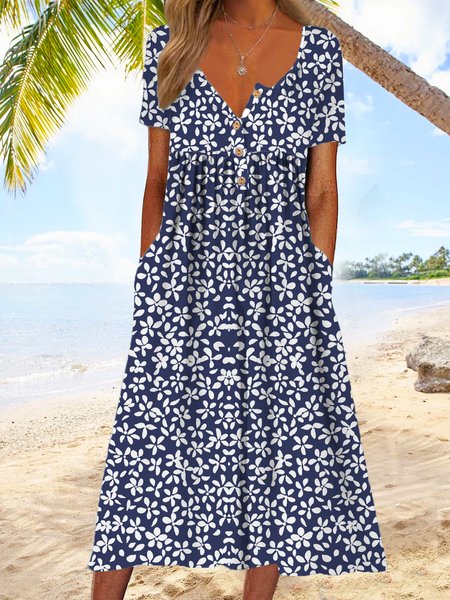 

Women Floral Half Open Collar Short Sleeve Comfy Casual Maxi Dress, Blue, Midi