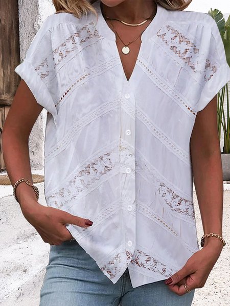 

V Neck Casual Lace Loose Blouse, White, Blouses & Shirts