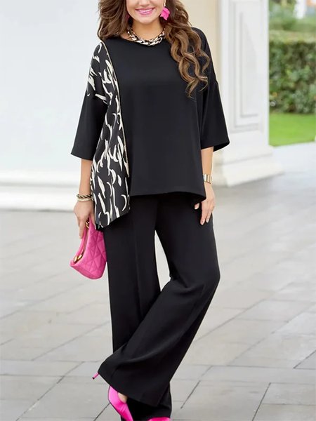 

Elegant Crew Neck Two-Piece Set, Black, Suit Set