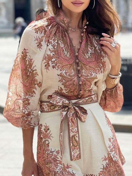 

Vacation Loose Floral Stand Collar Blouse, As picture, Blouses and Shirts