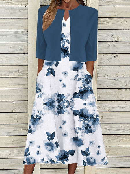 

Women Floral Short Sleeve Comfy Casual Coat With Skirt Two-Piece Set, Blue, Sets