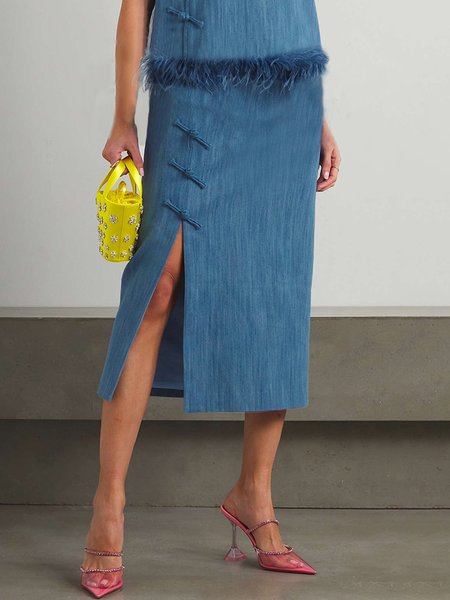 

Regular Fit Plain Urban Faux Denim Skirt, Blue, Denim Skirts