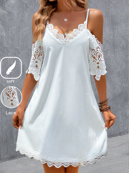 

Women's Plain Short Sleeve Summer Lace Dress Spaghetti Daily Casual Mini Slip Dress A-Line Dress, White, Dresses