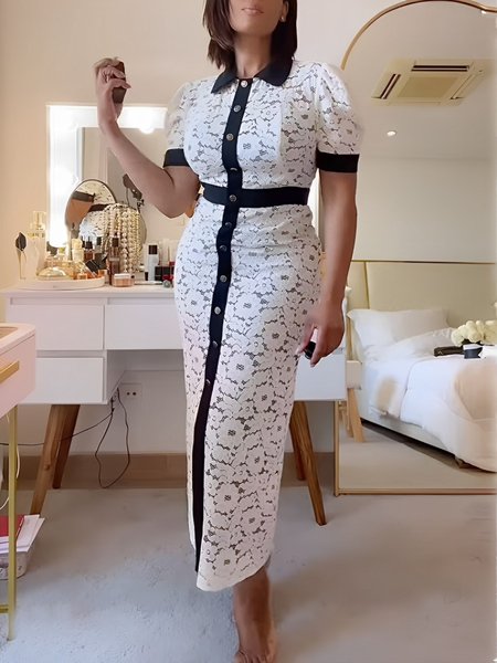 

Elegant Shirt Collar Color Block Tight Short Sleeve Maxi Dress, Black-white, Maxi Dresses