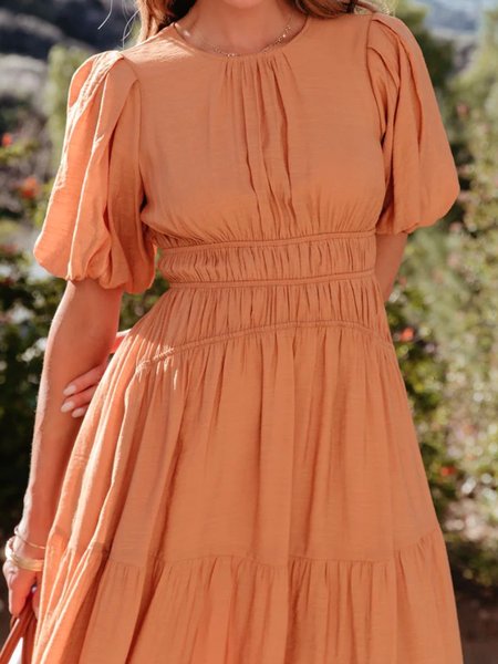 

Women Plain Crew Neck Short Sleeve Comfy Casual Maxi Dress, Orange, Midi