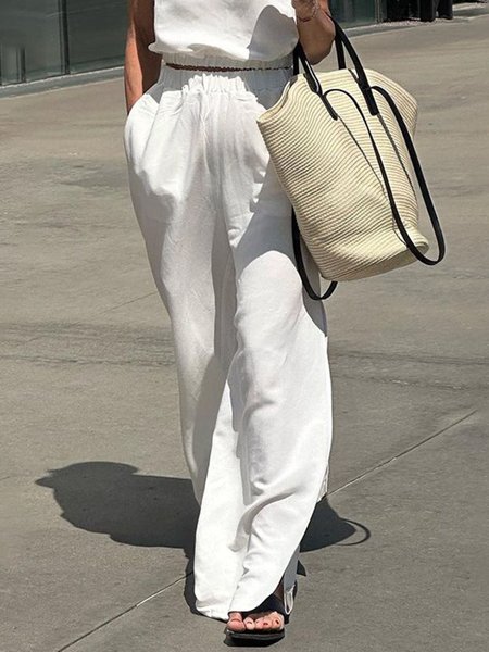 

Casual Plain Fashion Wide Leg Pants, White, Pants