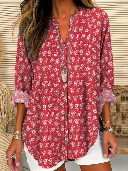 

Notched Long Sleeve Floral Regular Loose Blouse For Women, Red, Shirts