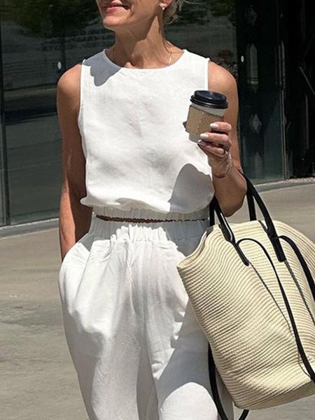 

Plain Crew Neck Casual Sleeveless Shirt, White, Blouses and Shirts