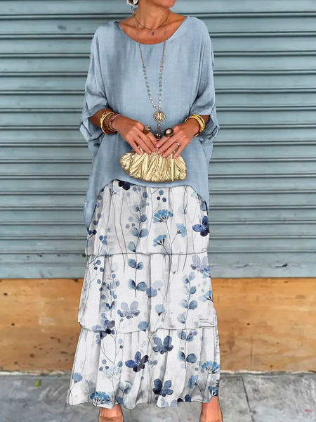 

Vacation Loose Sundress Blouse Two-Piece Set, Blue, Maxi Dresses