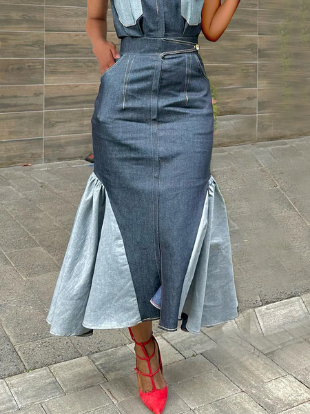 

Regular Fit Urban Denim Color Block Maxi Skirt, As picture, Denim Skirts
