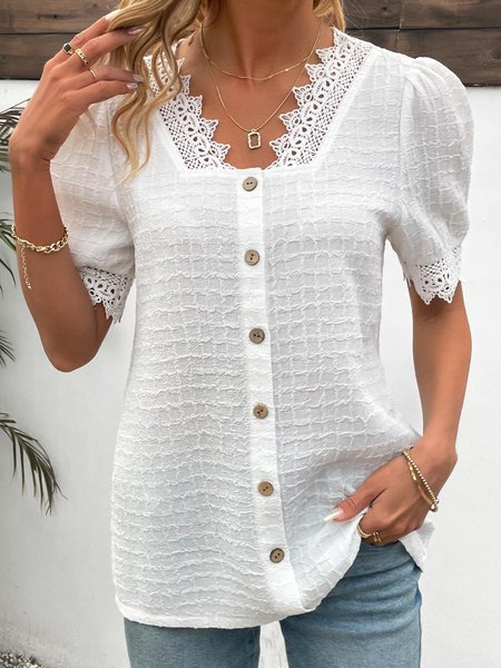 

Lace Elegant V Neck Shirt, White, Shirts & Blouses