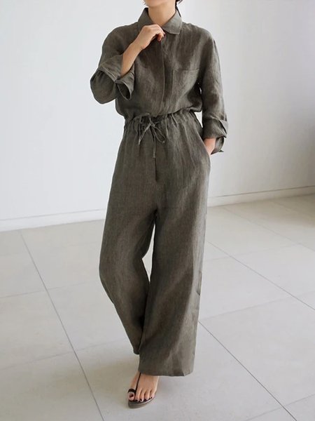 

Casual Regular Fit Plain Long Sleeve Jumpsuit, As picture, Jumpsuits