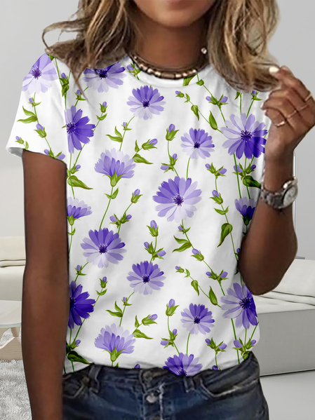 

Floral Casual Crew Neck T-Shirt, Purple, T-shirts
