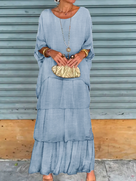 

Loose Cotton Casual Plain Sundress And Blouse Two-Piece Set, Blue, Maxi Dresses