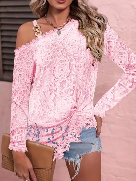 Casual Plain Long Sleeve T-shirt, Pink, Blouses