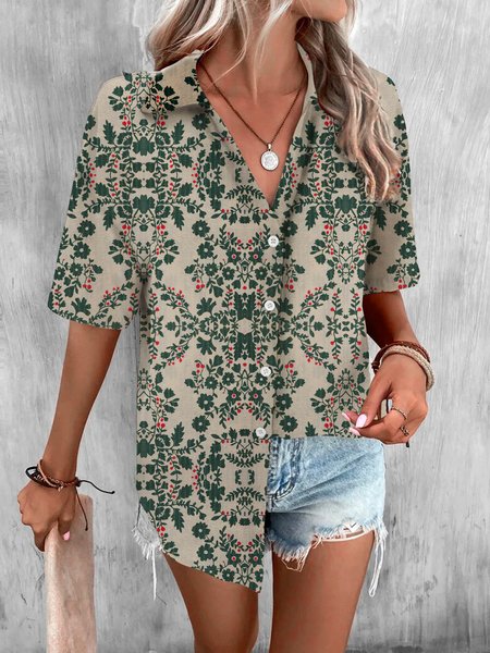 

Shirt Collar Short Sleeve Floral Regular Loose Blouse For Women, Green, Shirts