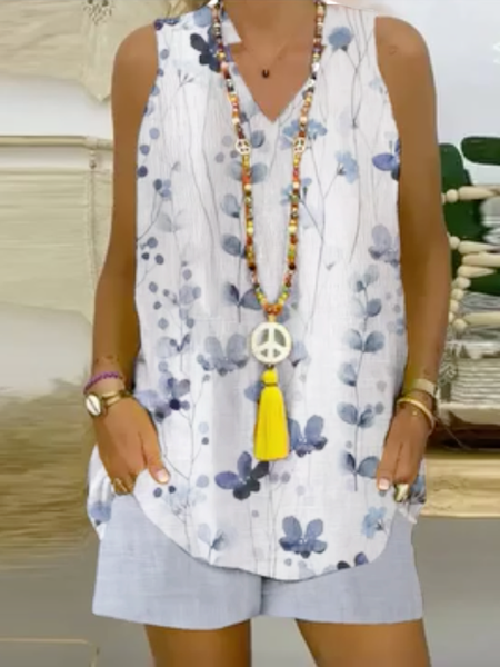 

Floral Simple V Neck Linen Style Two-Piece Set, Blue, Suits